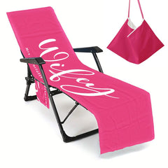 Couple Wifey and Hubby Customized Beach Towel Personalized Beach Chair Cover with Side Pockets, Custom Name Chaise Lounge Chair Towel Cover (P002)