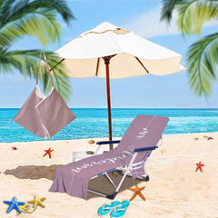 Couple Customized Beach Towel Personalized Beach Chair Cover with Side Pockets, Thick Quick Dry Custom Name Chaise Lounge Chair Towel Cover (P000)