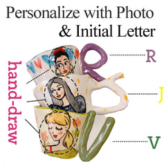 Custom Cartoon Portrait Mug| Funny Caricature Gift from Photo| Personalized with Initial Letter | Unique Personalized Gift for Him Her
