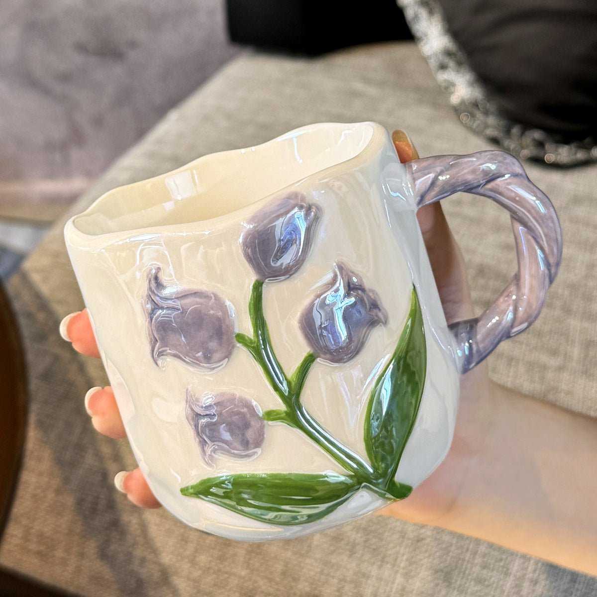 Handbemalter Tulpen-Keramikbecher mit großem Fassungsvermögen – Geschenkbecher