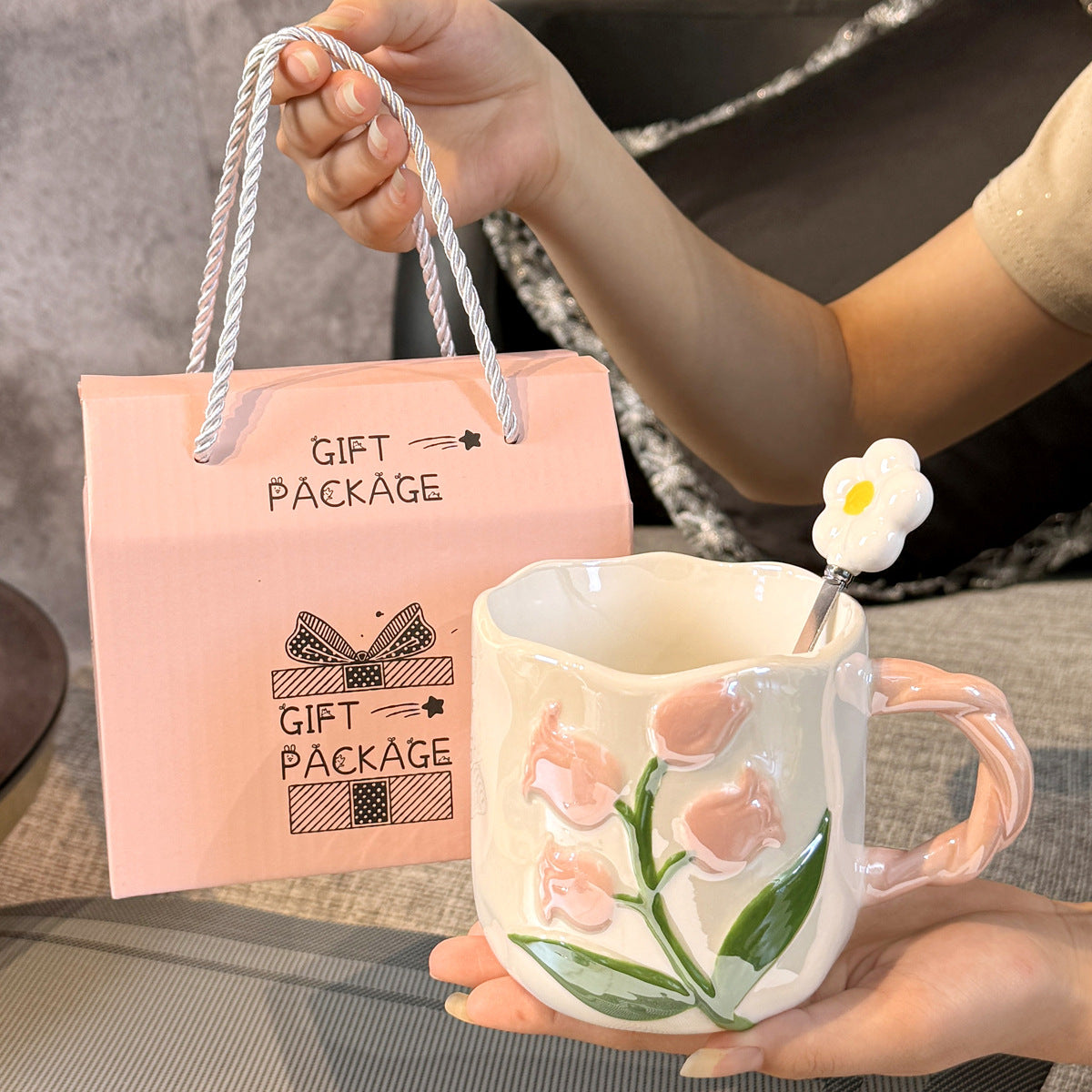 Handbemalter Tulpen-Keramikbecher mit großem Fassungsvermögen – Geschenkbecher