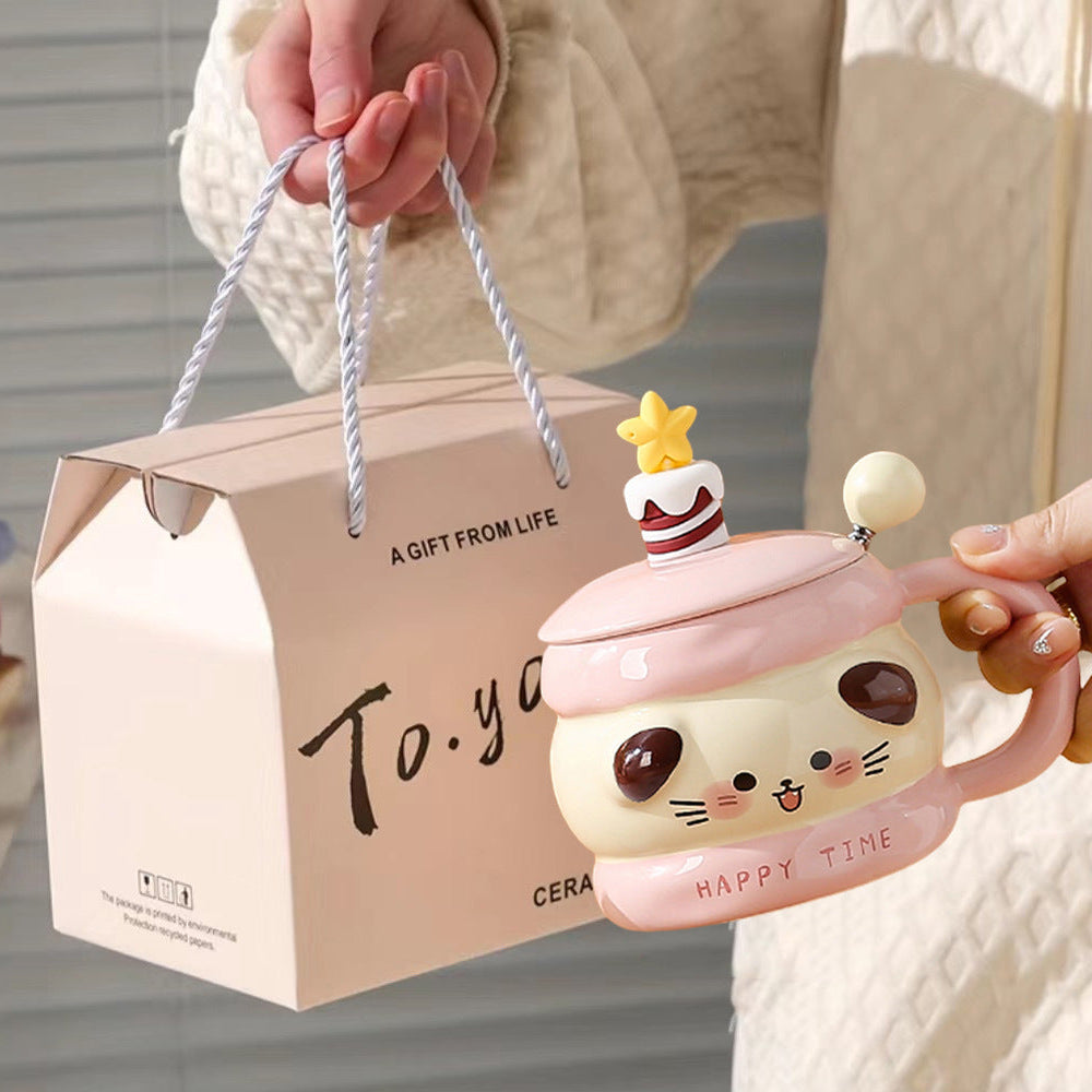 Niedliche Tiertasse, Keramiktasse mit Deckel, Geschenk-Kaffeetasse