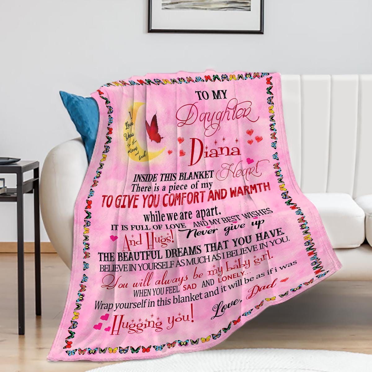 Personalized Blanket for Daughter - Pink with Butterflies - Custom Name & Loving Words - Perfect Valentine's Day Gift (P000)
