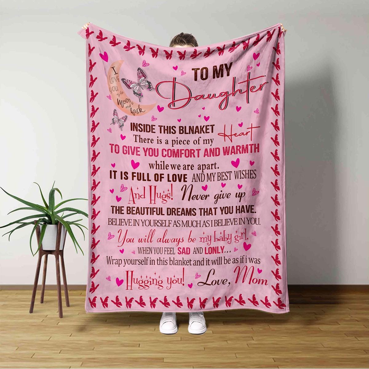 Personalized Daughter Blanket, Custom Name Gift Valentine's Day Gifts for Daughter Pink Butterfly Blanket for Daughter Mom to Daughter Gift (P000)