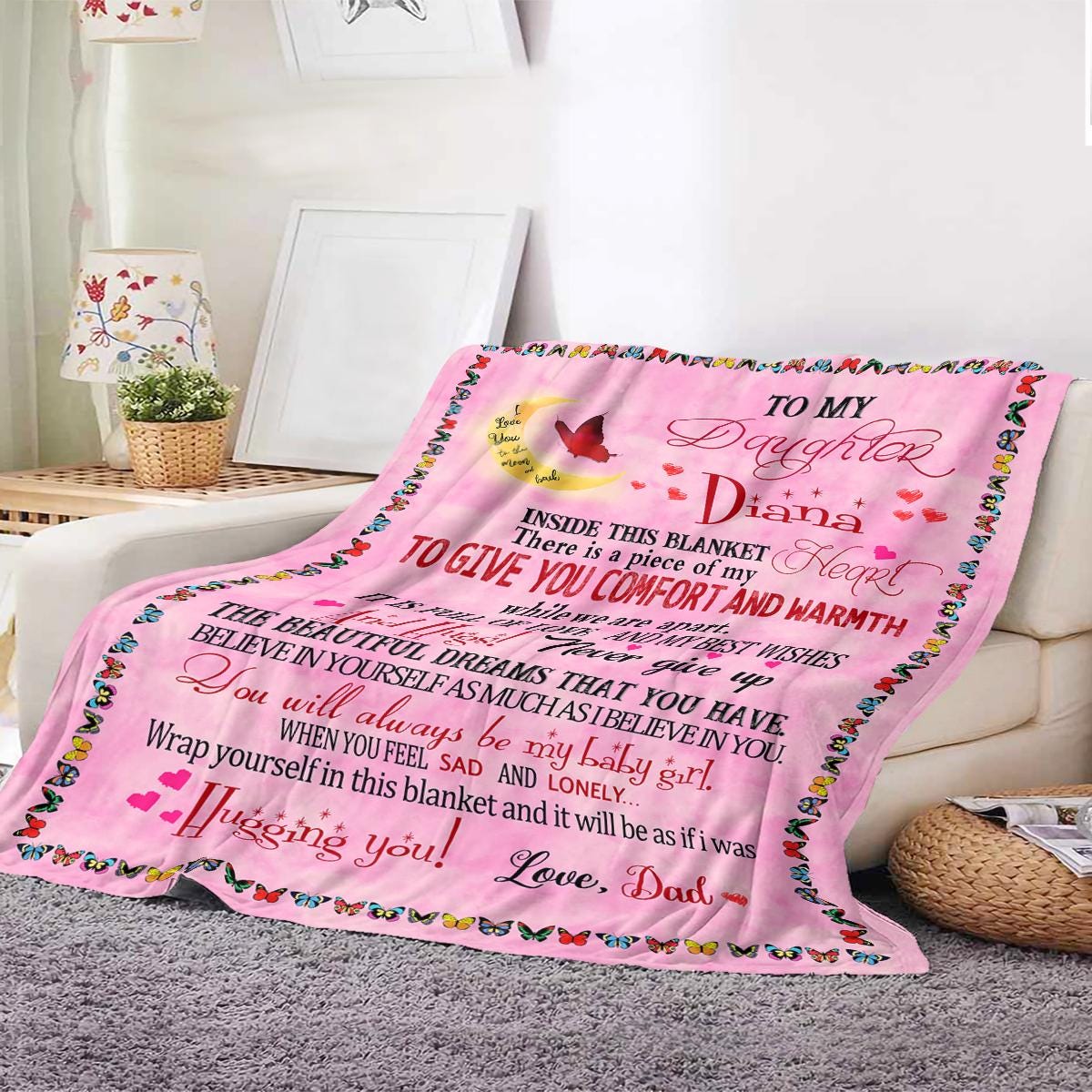 Personalized Blanket for Daughter - Pink with Butterflies - Custom Name & Loving Words - Perfect Valentine's Day Gift (P000)