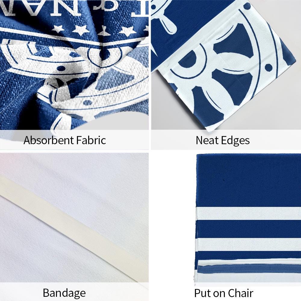 Boat Rudder Anchor Beach Towel Personalized Beach Chair Cover with Side Pockets, Thick Quick Dry Custom Name Chaise Lounge Chair Towel Cover (P000)