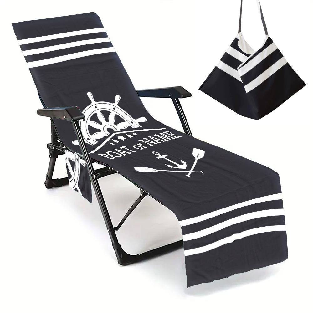 Boat Rudder Anchor Beach Towel Personalized Beach Chair Cover with Side Pockets, Thick Quick Dry Custom Name Chaise Lounge Chair Towel Cover (P000)