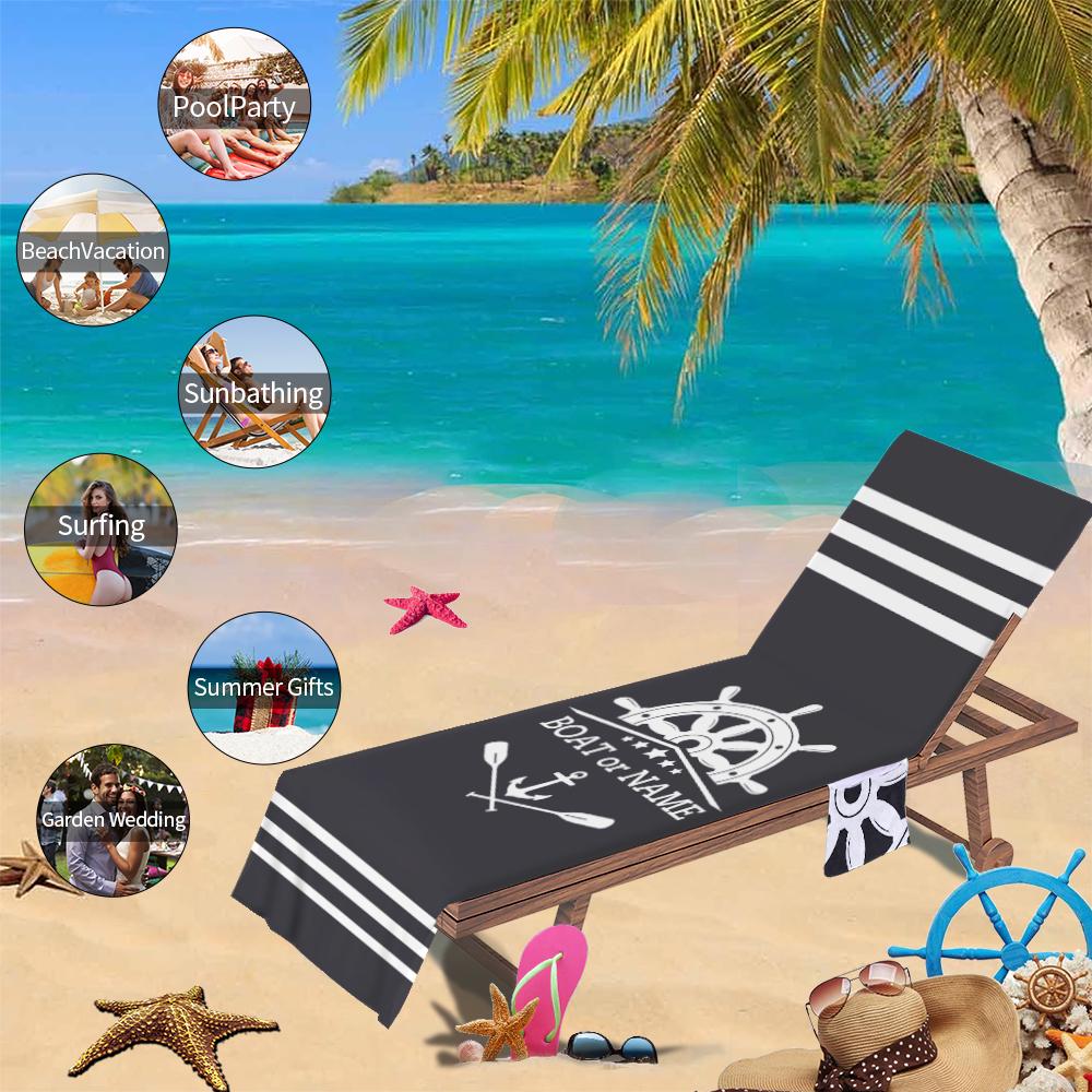 Boat Rudder Anchor Beach Towel Personalized Beach Chair Cover with Side Pockets, Thick Quick Dry Custom Name Chaise Lounge Chair Towel Cover (P000)