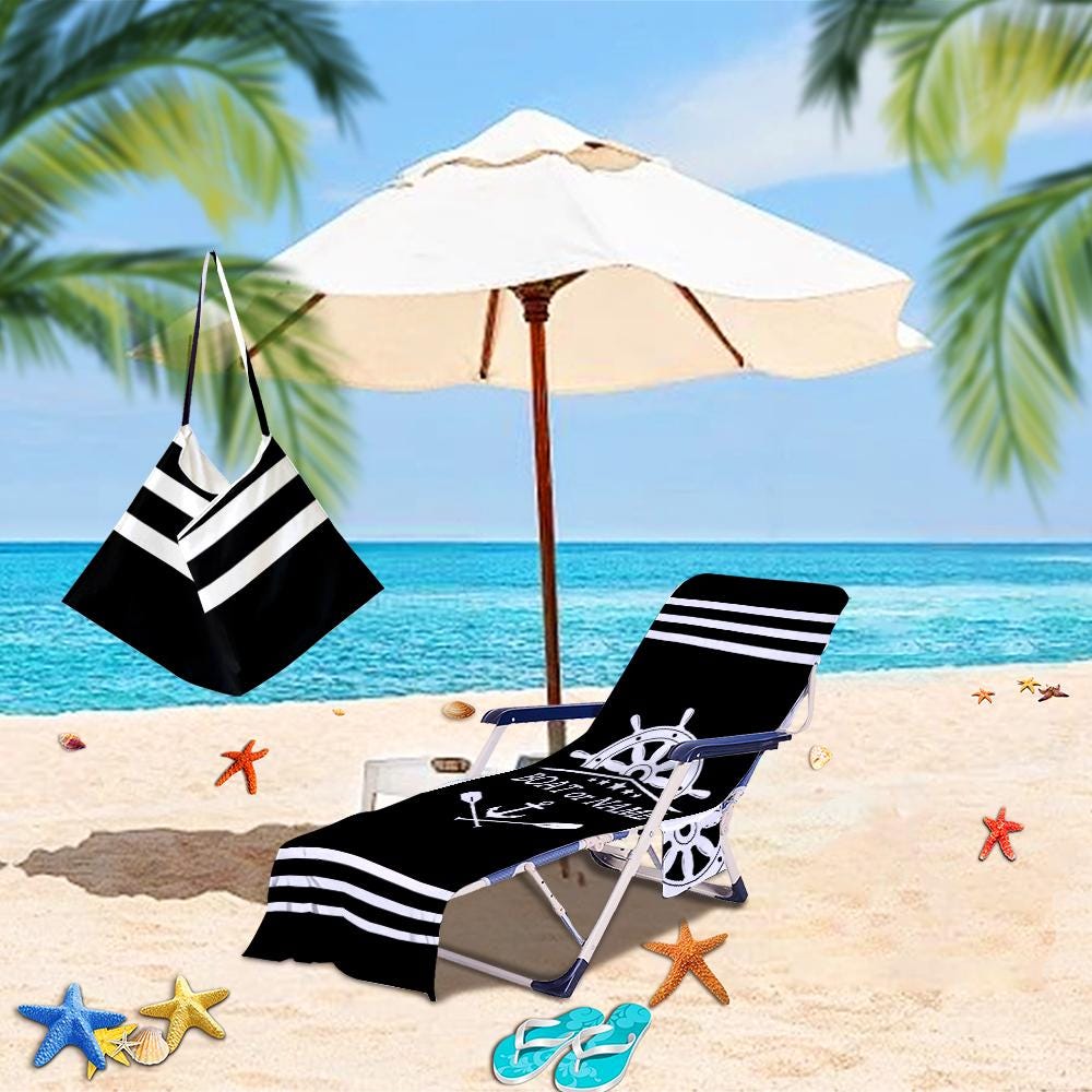 Boat Rudder Anchor Beach Towel Personalized Beach Chair Cover with Side Pockets, Thick Quick Dry Custom Name Chaise Lounge Chair Towel Cover (P000)