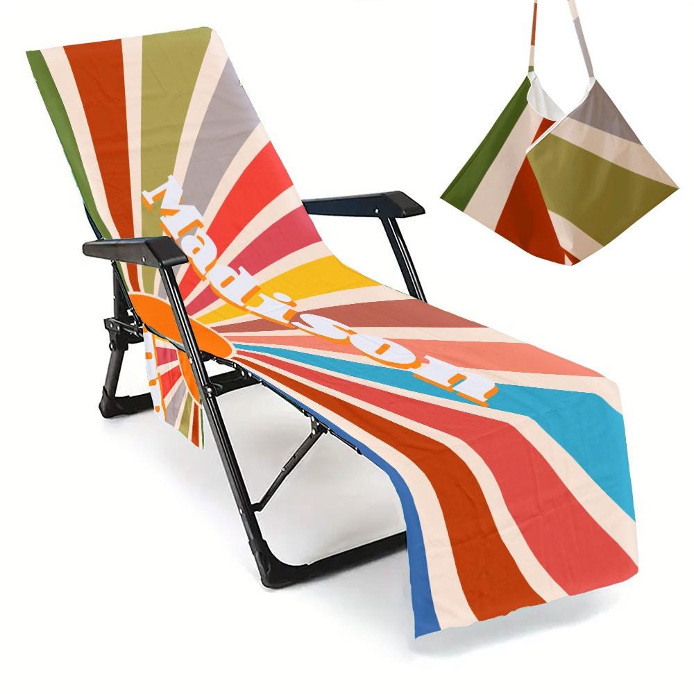 Customized Beach Towel Personalized Beach Chair Cover with Side Pockets, Thick and Quick Dry Custom Name Chaise Lounge Chair Towel Cover (P001)