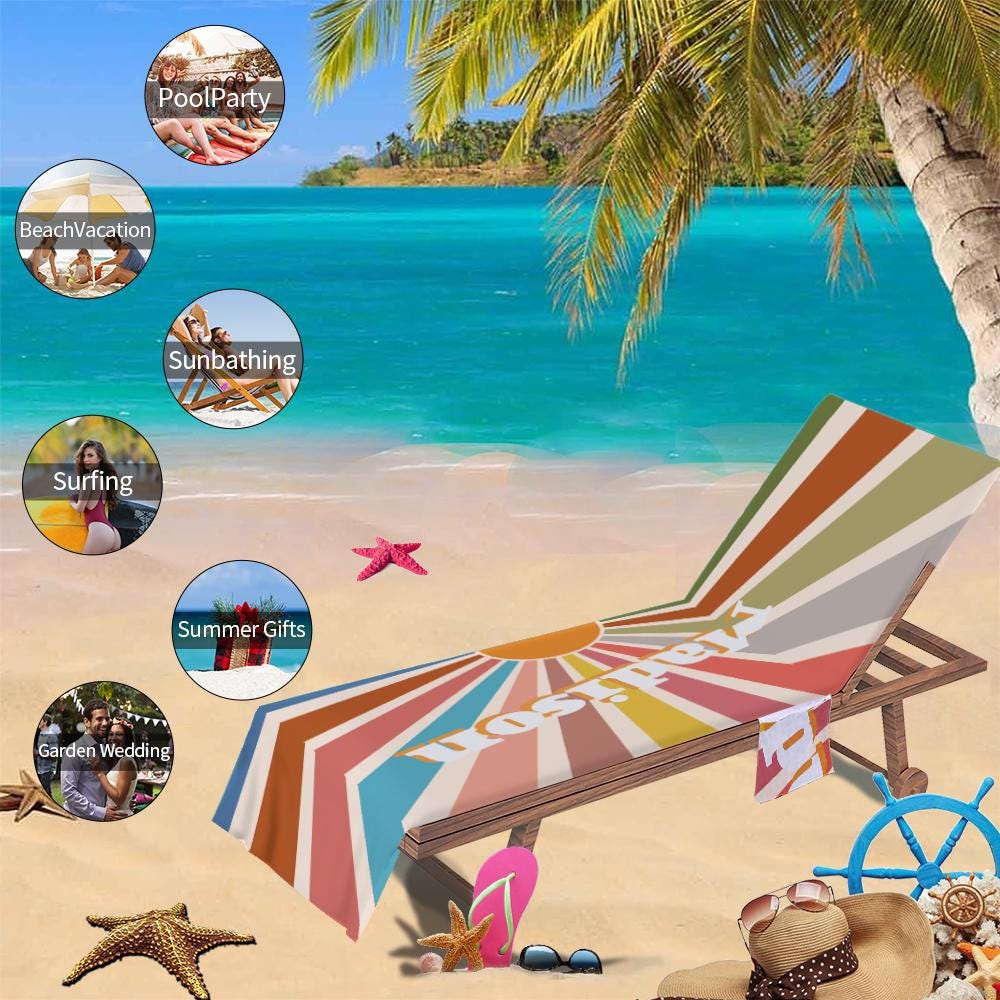 Customized Beach Towel Personalized Beach Chair Cover with Side Pockets, Thick and Quick Dry Custom Name Chaise Lounge Chair Towel Cover (P001)