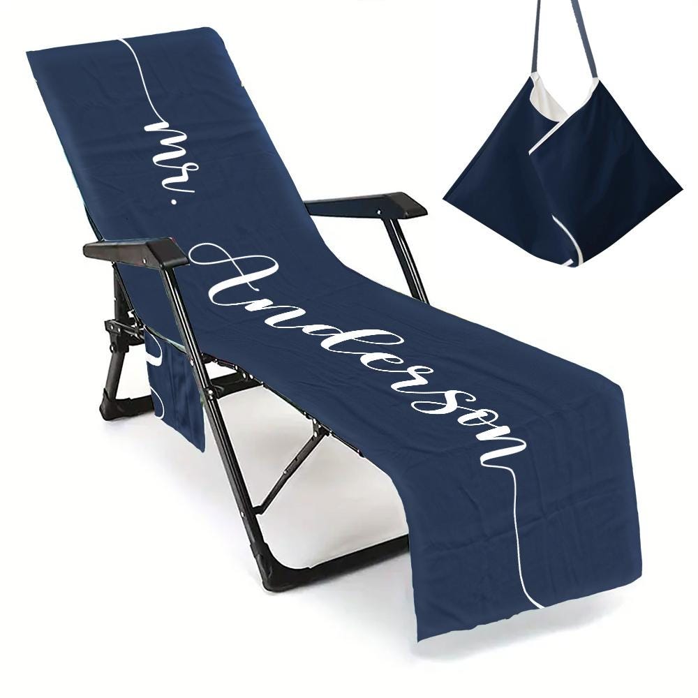 Couple Customized Beach Towel Personalized Beach Chair Cover with Side Pockets, Thick Quick Dry Custom Name Chaise Lounge Chair Towel Cover (P002)