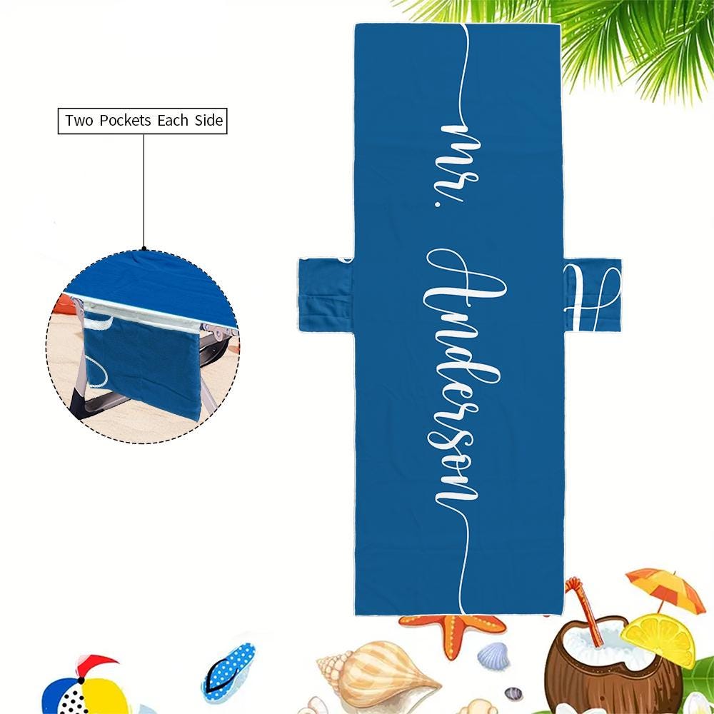 Couple Customized Beach Towel Personalized Beach Chair Cover with Side Pockets, Thick Quick Dry Custom Name Chaise Lounge Chair Towel Cover (P001)