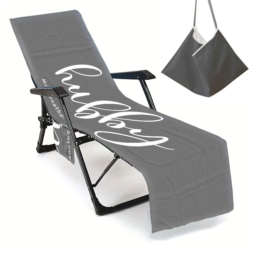 Couple Wifey and Hubby Customized Beach Towel Personalized Beach Chair Cover with Side Pockets, Custom Name Chaise Lounge Chair Towel Cover (P004)