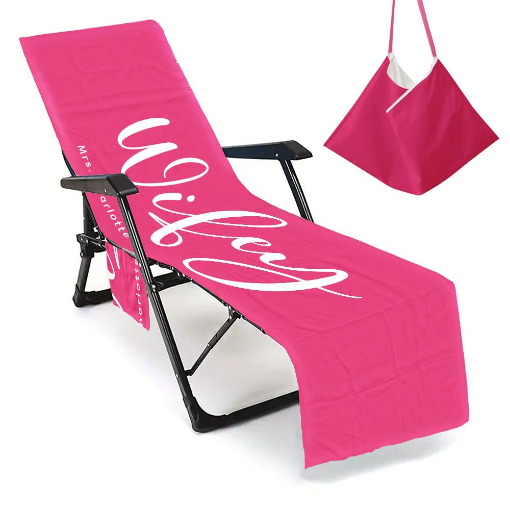 Couple Wifey and Hubby Customized Beach Towel Personalized Beach Chair Cover with Side Pockets, Custom Name Chaise Lounge Chair Towel Cover (P002)