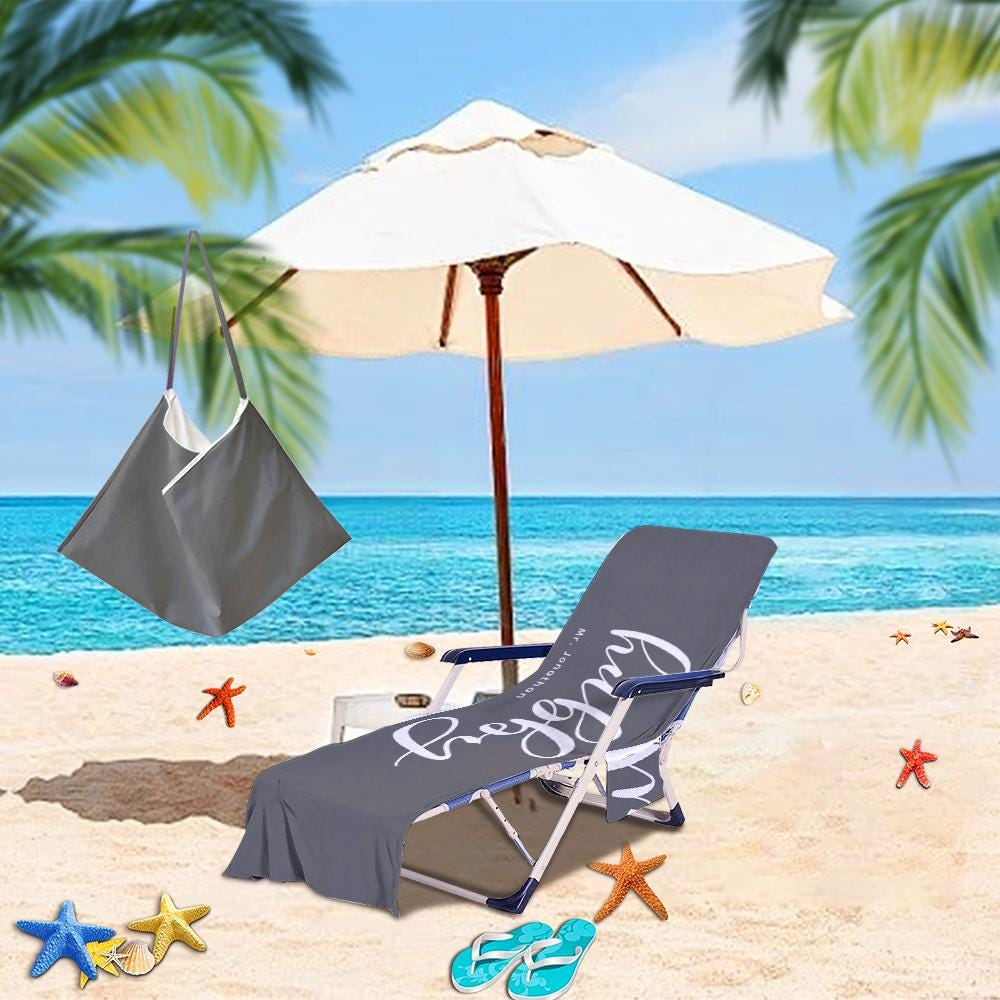 Couple Wifey and Hubby Customized Beach Towel Personalized Beach Chair Cover with Side Pockets, Custom Name Chaise Lounge Chair Towel Cover (P002)
