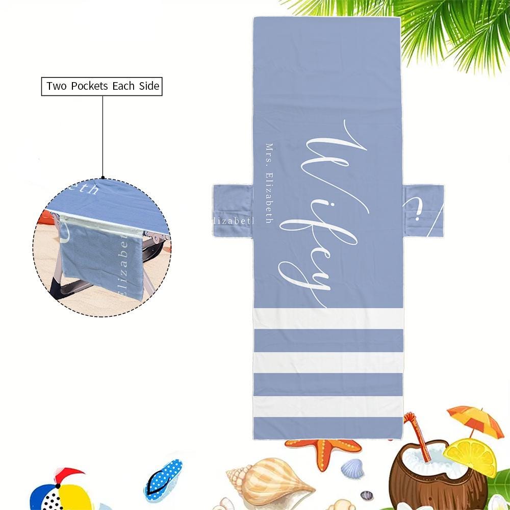 Couple Wifey and Hubby Customized Beach Towel Personalized Beach Chair Cover with Side Pockets, Custom Name Chaise Lounge Chair Towel Cover (P000)