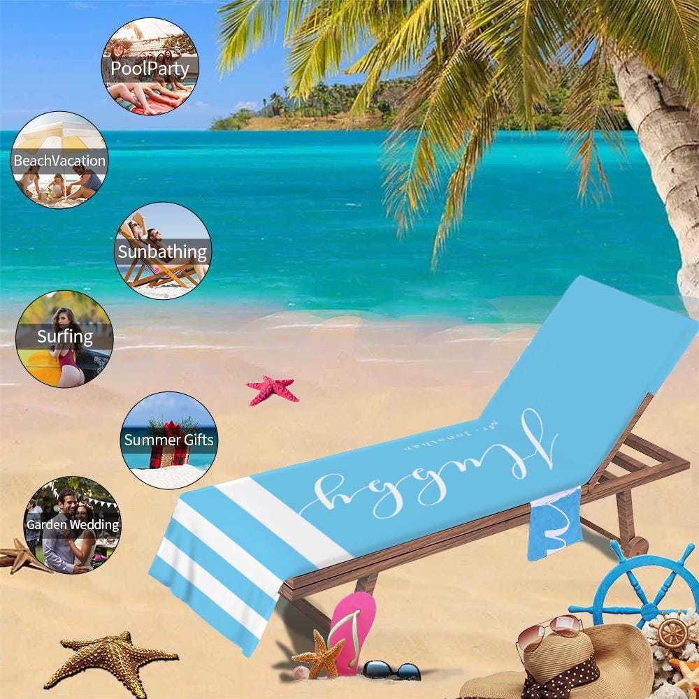 Couple Wifey and Hubby Customized Beach Towel Personalized Beach Chair Cover with Side Pockets, Custom Name Chaise Lounge Chair Towel Cover (P000)