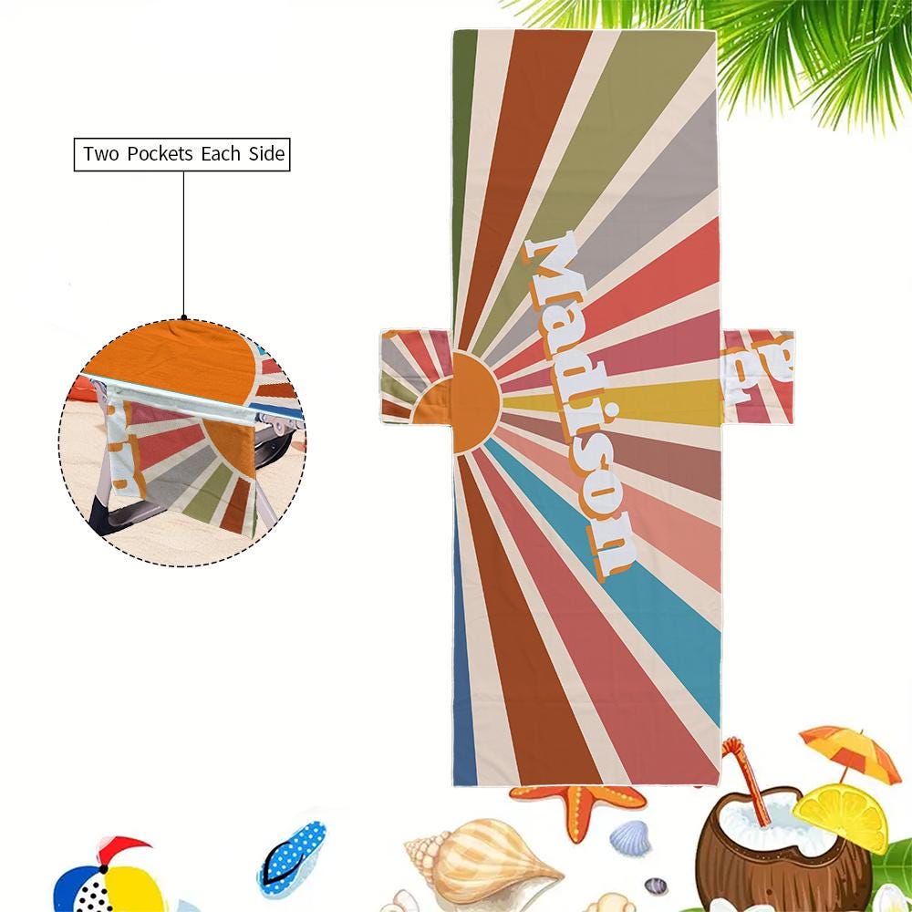 Customized Beach Towel Personalized Beach Chair Cover with Side Pockets, Thick and Quick Dry Custom Name Chaise Lounge Chair Towel Cover (P001)