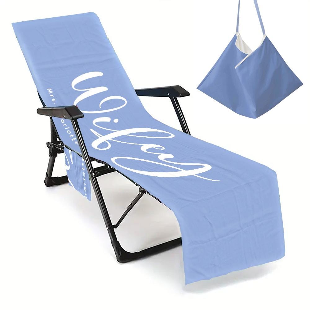 Couple Wifey and Hubby Customized Beach Towel Personalized Beach Chair Cover with Side Pockets, Custom Name Chaise Lounge Chair Towel Cover (P004)