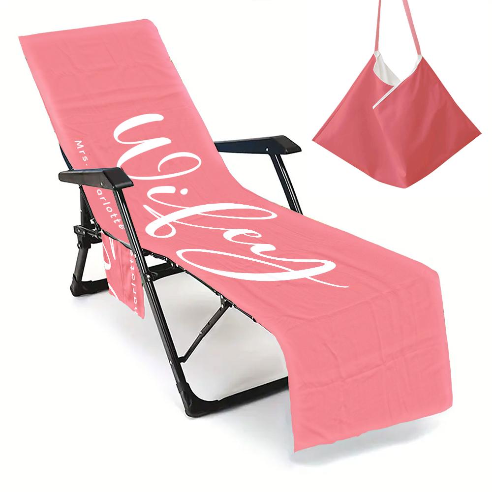 Couple Wifey and Hubby Customized Beach Towel Personalized Beach Chair Cover with Side Pockets, Custom Name Chaise Lounge Chair Towel Cover (P004)