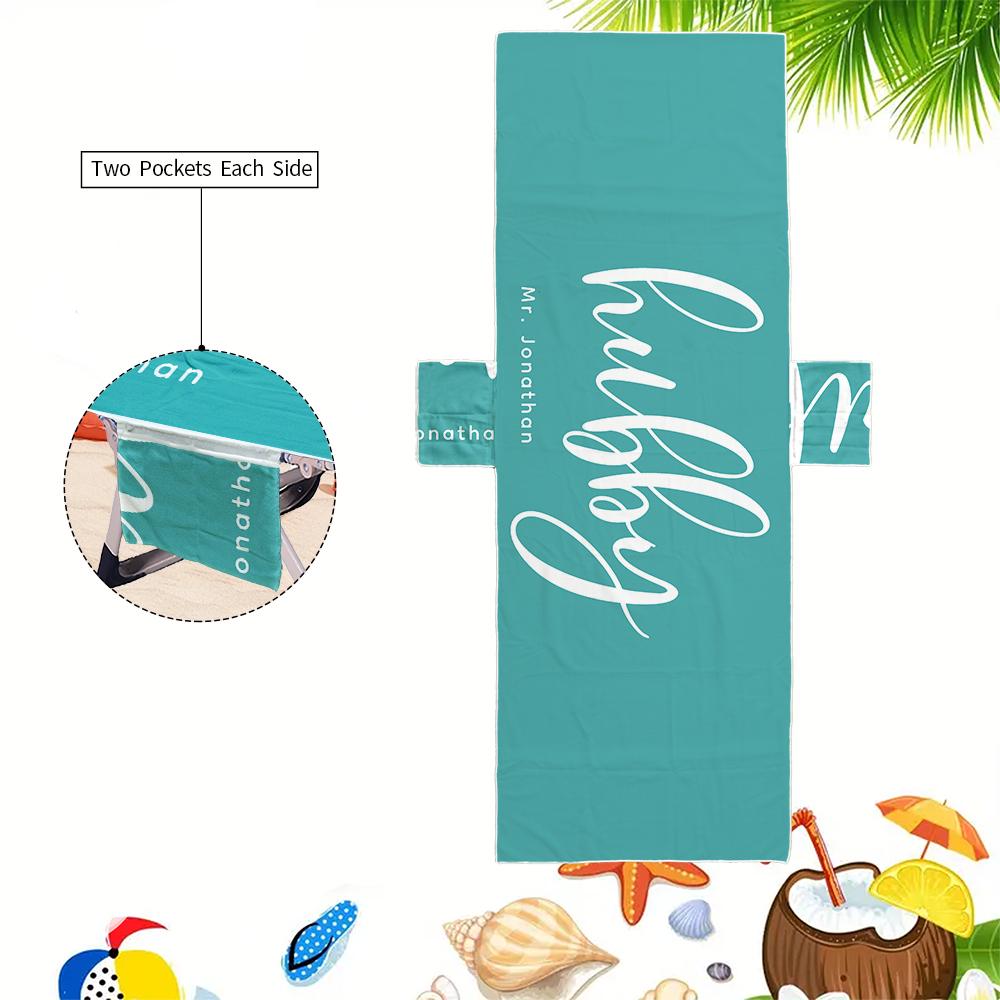 Couple Wifey and Hubby Customized Beach Towel Personalized Beach Chair Cover with Side Pockets, Custom Name Chaise Lounge Chair Towel Cover (P002)