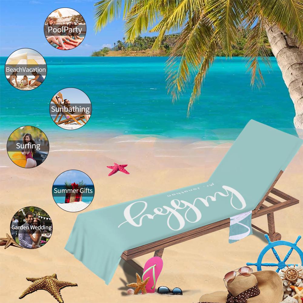 Couple Wifey and Hubby Customized Beach Towel Personalized Beach Chair Cover with Side Pockets, Custom Name Chaise Lounge Chair Towel Cover (P004)