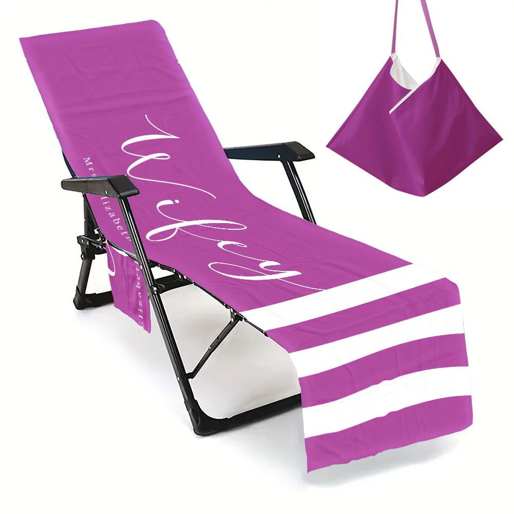 Couple Wifey and Hubby Customized Beach Towel Personalized Beach Chair Cover with Side Pockets, Custom Name Chaise Lounge Chair Towel Cover (P000)