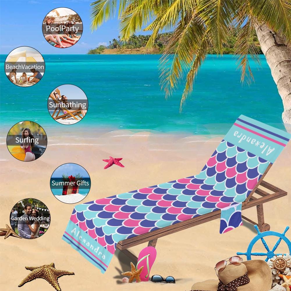 Personalized Mermaid Beach Chair Cover: Microfiber Lounge Towel with Pockets (P000)