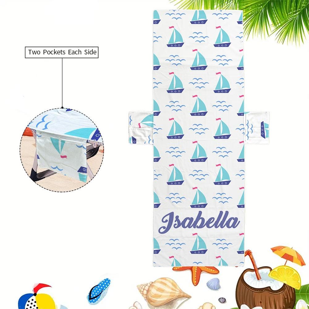Personalized Beach Chair Cover: Microfiber Lounge Towel with Pockets (P001)