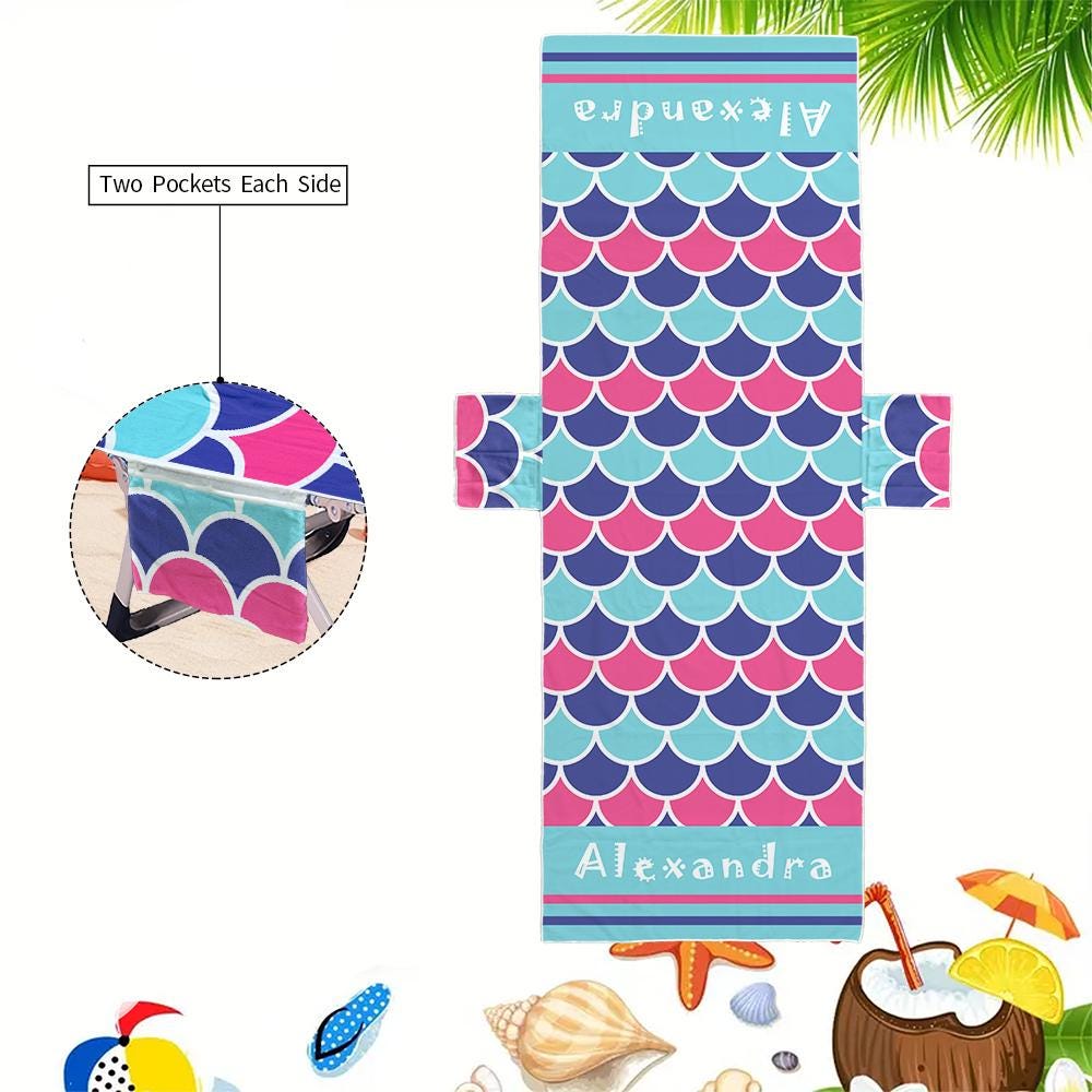 Personalized Mermaid Beach Chair Cover: Microfiber Lounge Towel with Pockets (P000)
